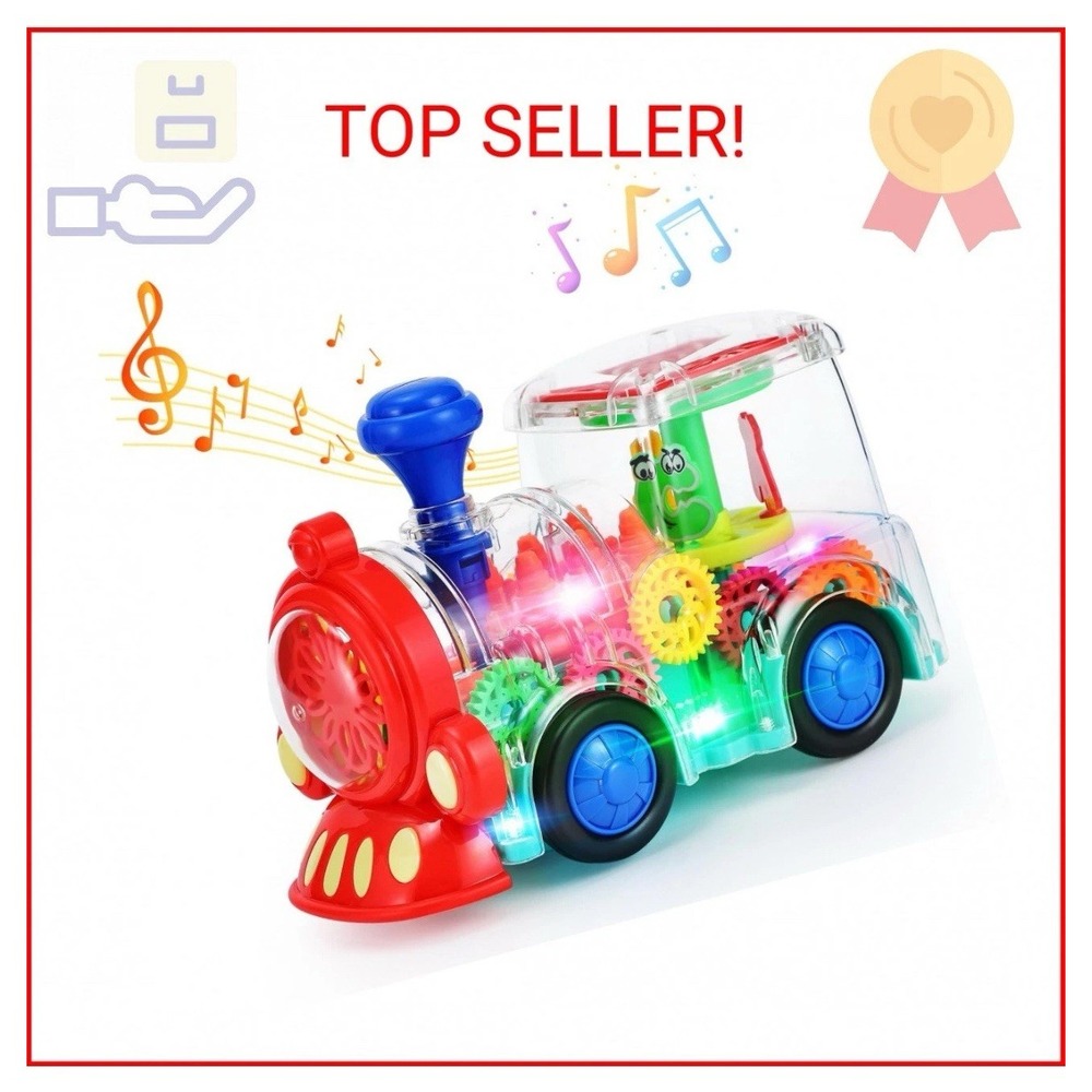 Light Up Moving Train Toy W Sound Electric Transparent Gear Sensory Tested Works